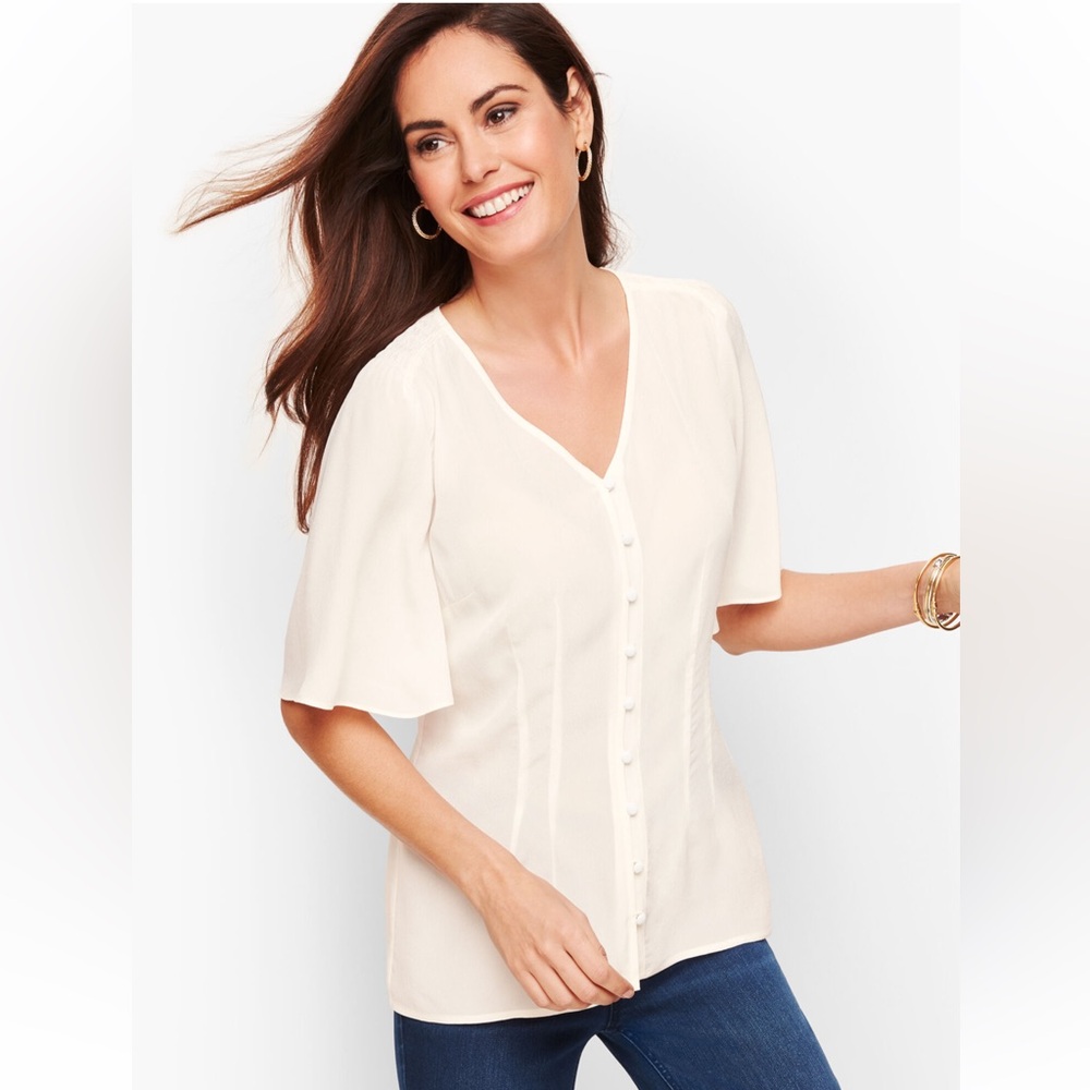 NWT 🤍 Talbots Flutter Sleeve Button-Down Short-Sleeve Blouse, Ivory, Size 16